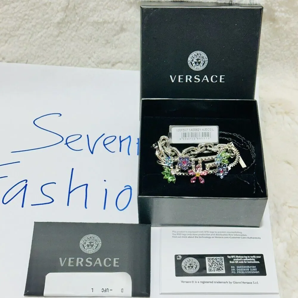NIB Versace Multicolor Crystal Flower Bloom Greca Bracelet Silver Tone L $1,125